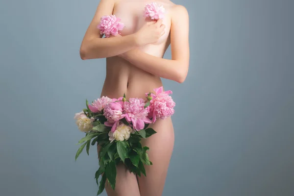 Vagina Female Breast Flowers Naked Body Sexy Woman Bra Panties — Stock Photo, Image