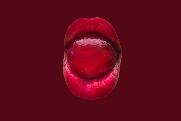 Red concept. Sweets in the female mouth. Beautiful lipstick and cosmetics. Sweet life. Lollipop on the tongue. Damage sugar for teeth. Female mouth close-up isolated on red background. Young lips icon