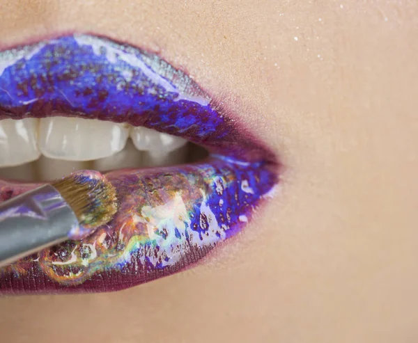 Πολύχρωμα Κραγιόν Ουράνιο Τόξο Lipgloss Στα Χείλη Εσωτερικη Σέξι Χείλη — Φωτογραφία Αρχείου