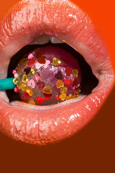 Lollipop Orange Mouth Sexy Lips Girl Seductively Eats Candy Blowjob — Stockfoto