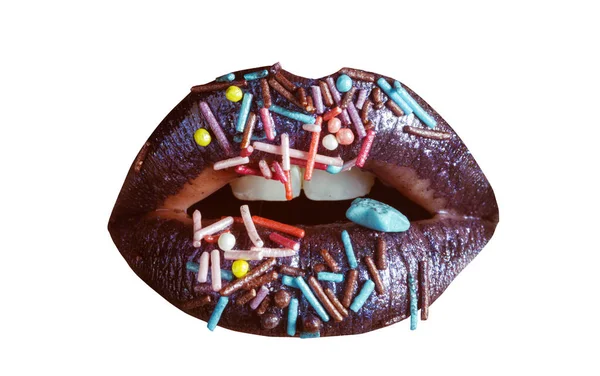 Zoete Lippen Modieuze Donkere Lippenstift Snoep Lippen Van Een Jonge — Stockfoto