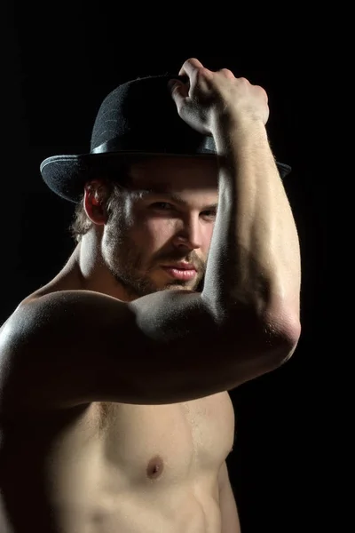 Hombre Seductor Sombrero Negro Hombre Tentación Con Barba Hombre Sexy — Foto de Stock