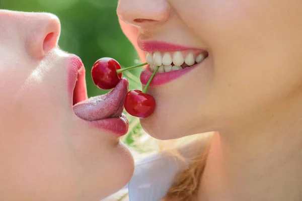 Lesbian Story Cherries Female Mouth Concept Passion Love Homosexual Couple — Stock Photo, Image