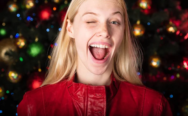 Happy new year. Woman smile Christmas. Best present for Christmas. Smiling winter girl. Beautiful woman on Christmas. New year girl. Happy people party. Party face