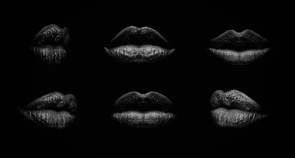 Sexy Conjunto Labios Femeninos Sobre Fondo Negro Lápiz Labial Negro — Foto de Stock