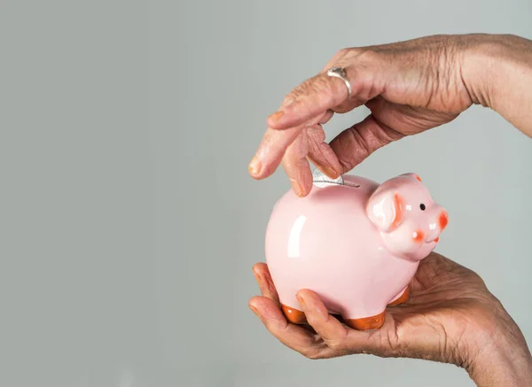 Budget, investment, finance, saving money concept. Female hand putting money into piggy bank. Coins in pink piggy bank for saving money. Deposit and bank account. Savings on old age. Pension Fund
