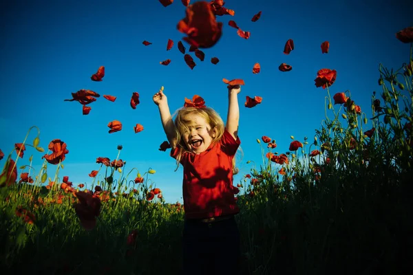 可爱的孩子男孩在罂粟田 在罂粟田很快乐的孩子 快乐的小男孩与罂粟的花瓣 大自然中的幸福 孩子的灿烂笑容 — 图库照片