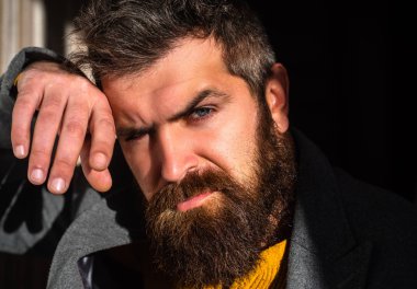 Man with beard looks seriously. Fashion male model portrait. Stylish bearded man. Sexy fashion adult man. Confident guy with blue eyes