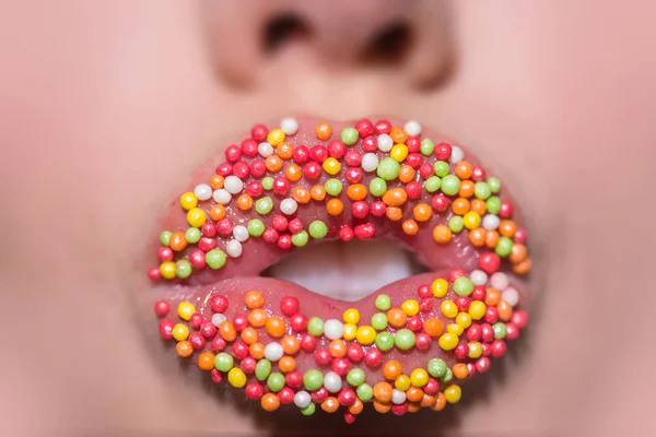Easter sweets. Sexy girl mouth on holiday. Discounts and sales for Easter season. Multicolored round lips. Face circle
