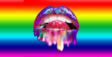 Gökkuşağı arka plan üzerinde izole ağız. Dudak dil ile erime. Seksi dudaklar simgesi. Eşcinseller bayrak. Dondurma öpücük. Yetişkin aşk. Eşcinsel gurur bayrak veya LGBTT hareketi.