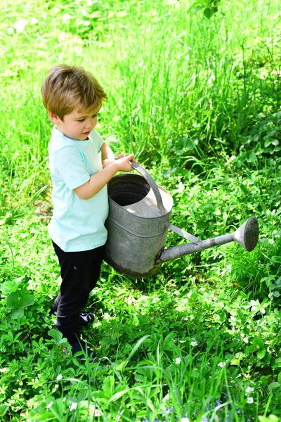 Junge gießt Blumen und grünes Gras mit Hilfe eines alten, großen und schweren Gießkännchens. Kind hilft bei Garten seiner Verwandten im Dorf. warmer Sommertag in der Natur. Feld voller grünem Gras — Stockfoto