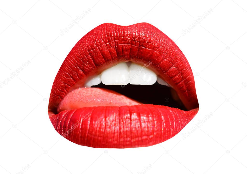 Mouth with tongue, red lips and white teeth isolated on white background. Sensual lips, sexy smile and a kiss. Young girl with lipstick, cosmetics and makeup. Beautiful mouth close-up icon