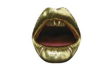 Altın ağız, dudak altın parlak göz alıcı ruj, moda makyaj genç kız beyaz arka plan üzerinde izole için. Açık kadın ağzı ile sıra dışı yaratıcı ruj. Kozmetik ve güzellik kavramı