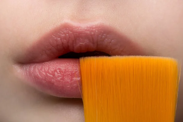 Kosmetikpinsel in der Nähe der weiblichen Lippen. Kosmetik und Hautpflege. Ein Frauengesicht, der Mund eines großen Plans. Schöne Lippen. künstliche oder natürliche Bürste. junge schönheit mädchen — Stockfoto