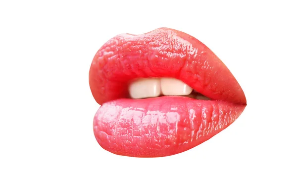 Krásné rty. Ikona v ústech. Žena koncept. Dívka kosmetika. Lipstick kiss. Erotické růžové rty. Ženské krásy. Maskér. — Stock fotografie