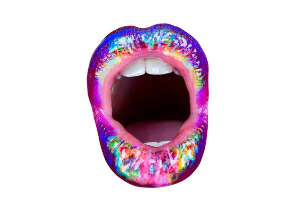 Ουρλιάζουν. Ανοιχτό το στόμα. Πολύχρωμα χείλη. Μόδα κραγιόν. Θηλυκό στόμα εικονίδιο. Όμορφο κορίτσι. Τα χείλη που απομονώνονται σε λευκό φόντο. — Φωτογραφία Αρχείου