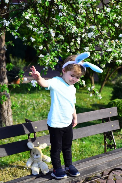 Spaziergang im Park. Der kleine Junge steht auf einer braunen Holzbank und trägt blaue Hasenohren. Teddykaninchen und bunte Gartendekorationen. Das kleine Kind blickt neugierig auf den Boden. Sommerunterhaltung für Kinder — Stockfoto