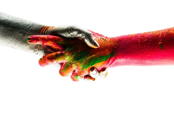 두 사람은 세계 통일에서 손가락을 잡고, 종족의 사랑과 관용의 이해. 인종 다양성 협력 개념입니다. 착 색 된 민족 손의 고립 된 클로즈업. 사업 협력 — 스톡 사진