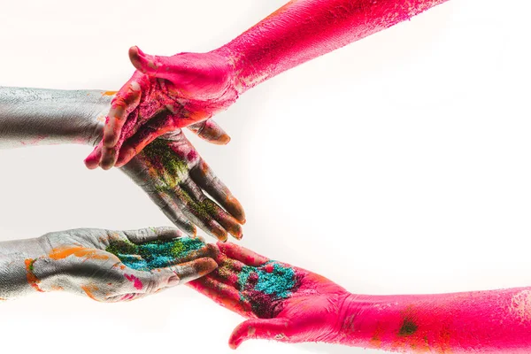 Pinturas de colores en las manos. Brillo para el arte corporal. Equipos creativos e industrias creativas. Trabajo en equipo en proyectos creativos. Crear juntos. Arte y fondo hermoso. Terapia artística — Foto de Stock