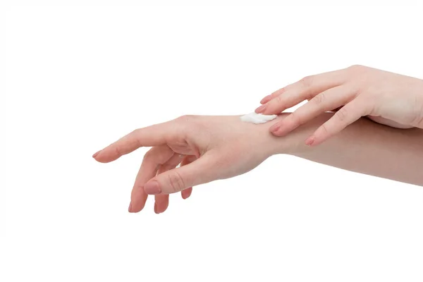 Closeup of female hands applying hand cream. Spa. Anti-aging Treatments for skin. Daily practice for health. Natural and organic products, non-animal cosmetics. — Stock Photo, Image