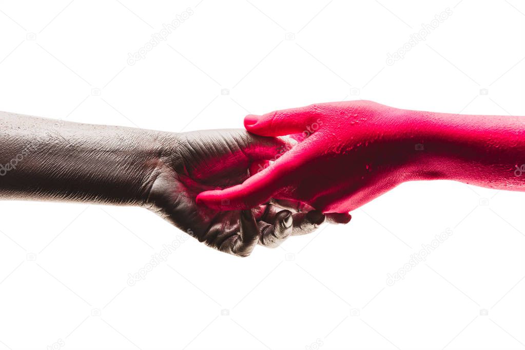 Love, romance. Hands of two people united in deep romantic feelings. Secret love of homosexual couple. Help, support, care and protection. Gentle touch of beloved hand.