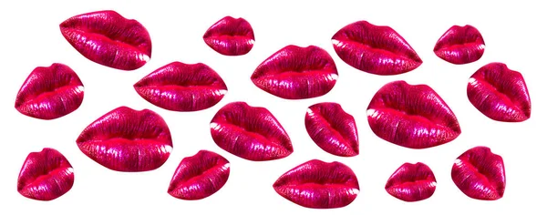 Woman lips set. Girl mouth close up with red lipstick makeup. Mouth with cosmetics isolated on white background. Collection in different expressions shapes. Girl kiss concept. — ストック写真