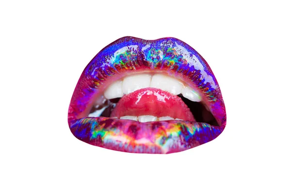 Labios de color sobre un fondo blanco. Labios con lápiz labial y dientes. Boca femenina. Un beso sexy. Cosméticos arco iris. Lengua seductora en la boca. Icono de estilo mujer . — Foto de Stock