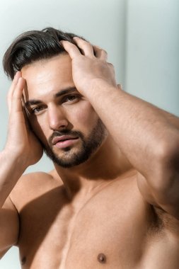 Seksi erkek portresi. Adam saçına dokunuyor. Saç modeli, güzel kafa. Çekici bir adam yakın çekim. Güzel yüz hatları, atlet. Çıplak erkek seksi göğüsler. Erkek tarzı, berber dükkanı