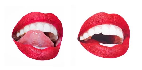 舌头诱人。性感的女性嘴唇设置与红色口红隔离。美丽的年轻女子的白色牙齿，张开嘴白的背景。诱人的女士嘴图标，红色的嘴唇。白色治疗妇女牙齿 — 图库照片