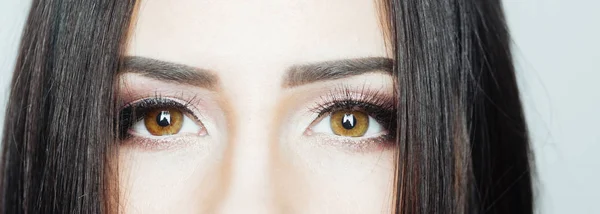 Oči. Překrásné hnědé oříškovité oči mladé ženy obklopené jejími černými vlasy. Upřímný pohled mladé ženy. Jednoduchý nový koncept ženských očí. Nahá se dělá na každodenní procházku. Čerstvá Čistá pokožka — Stock fotografie