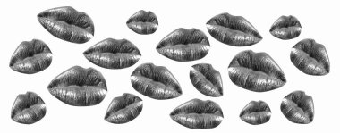 Set dudak, şehvetli dudaklar. Ağız, seksi güzel dudak, ruj ve lipgloss, tutkulu. Seksi dudaklar. Şehvetli ruj, parlak dudak parlatıcısı. Yakın çekim, güzel ağız, portre kadın dudak.