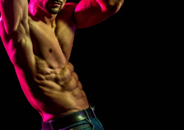 Strong mans, bodybuilder, muscular men. Copy space. Beautiful male torso. Sexy man, naked body, nude male. Sexy body, naked male, muscled. — Stock Photo, Image
