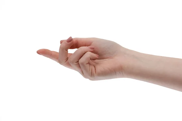 Te llamo. Haz clic en ti. Para tocar. Espectáculos de dedos. Mano femenina aislada sobre fondo blanco. Presentación de mercancías. Primer plano de una mano femenina . — Foto de Stock