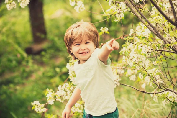 Το αγόρι στη φύση δείχνει ένα δάχτυλο μπροστά. Ένας όμορφος νηπιαγωγός στον κήπο. Άνοιξη. Φυσικό υπόβαθρο. Ευτυχισμένο παιδί. — Φωτογραφία Αρχείου