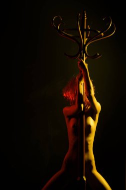 Erotik dans. Askılı bir kız. Gölgede güzel çıplak kız. Akşam ışığı.