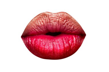 Dudaklar simgesi beyaz arka plan üzerinde izole. Pembe çıplak ruj renkli tam dudaklar. Profesyonel makyaj ve profesyonel kozmetik makyaj için. Kadın vücudunun bir parçası, şehvetli öpücük. Kadın dudakları.