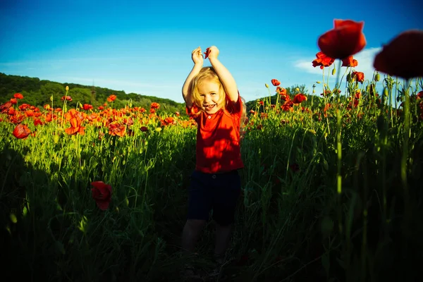 Happy childhood, cute child, beautiful face, happy emotions, kids smile. Happy kid in nature backgound. Baby boy in a red T-shirt on a background of red flowers poppy raised his hands up. — Stock Photo, Image