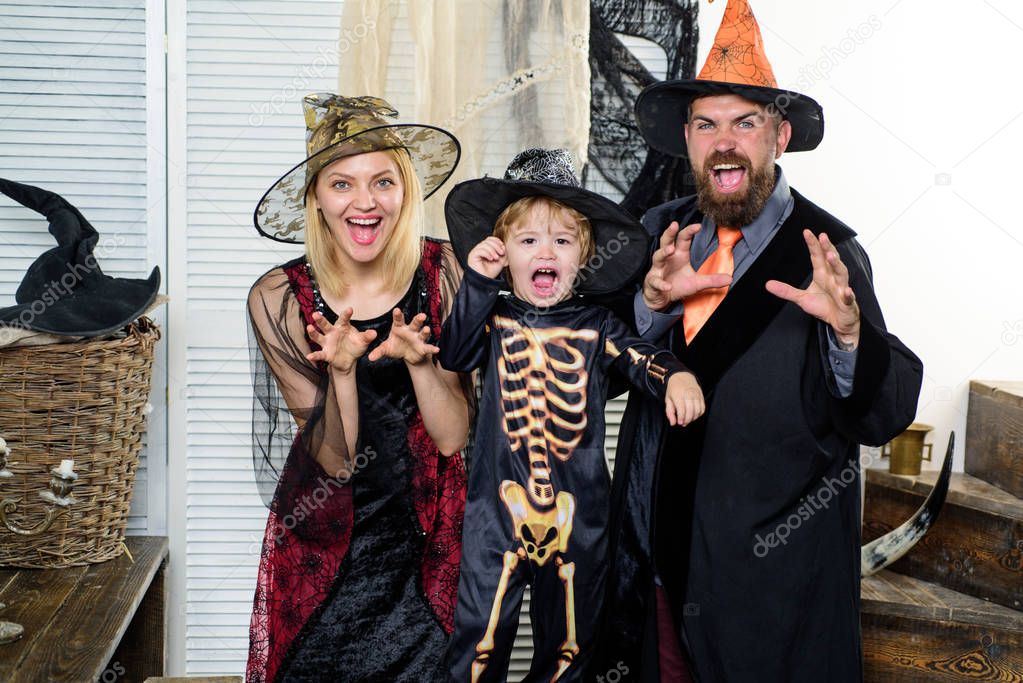 Halloween party. Horror background. 31 october. Halloween dresses and witch costumes and witch hats. Secrets of Magic for Happy Halloween.