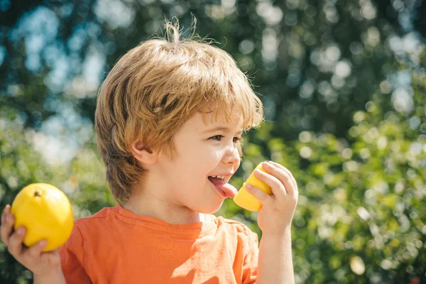 Sauren Geschmack. das Kind schmeckt eine Zitrone. Immunität Zitrusfrüchte für Kinder. — Stockfoto