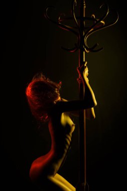 Tutku dansı. Kız giysisiz dans ediyor. Akşam alacakaranlıkseksi poz Çıplak kadın.