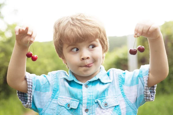 Funny face. Baby child with cherries in two hands. Fun math. Equations. Summer holidays. Happy time. Garden with fruit. Harvest. Tasty Cherry. Two. — Stock Photo, Image