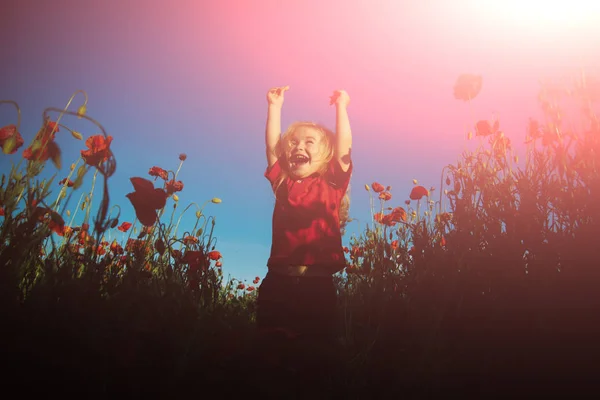 夏おめでとうポピー畑の面白い親戚。自然の背景に幸せな子供。晴れた日完璧な天気. — ストック写真