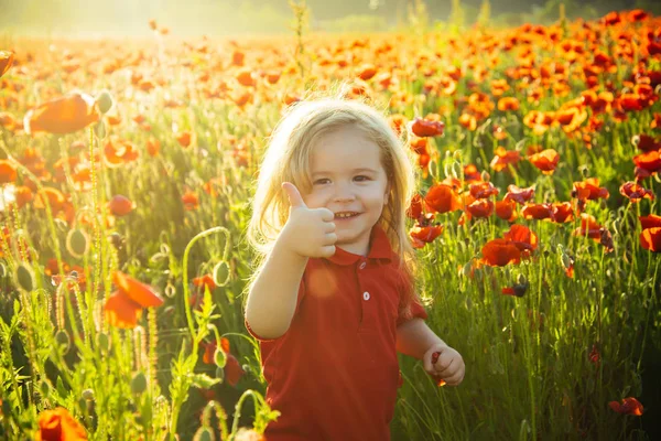 Kid thumb up. Happy summer. A boy with long hair. Field of poppies. Summer nature. Happy childhood. Cheerful baby. — Stock Photo, Image