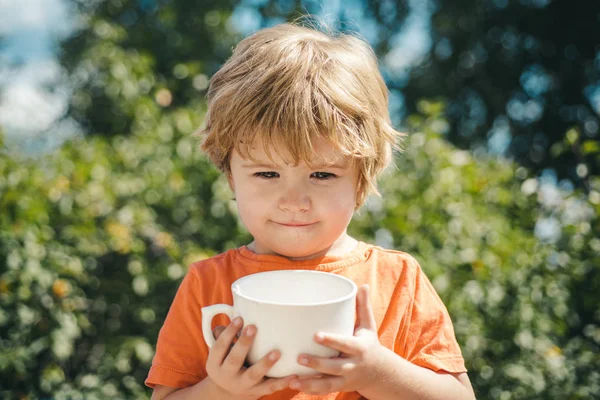 子供たちは自然を背景に休日を取ります。白いカップで牛乳を飲みます。かわいい子供. — ストック写真