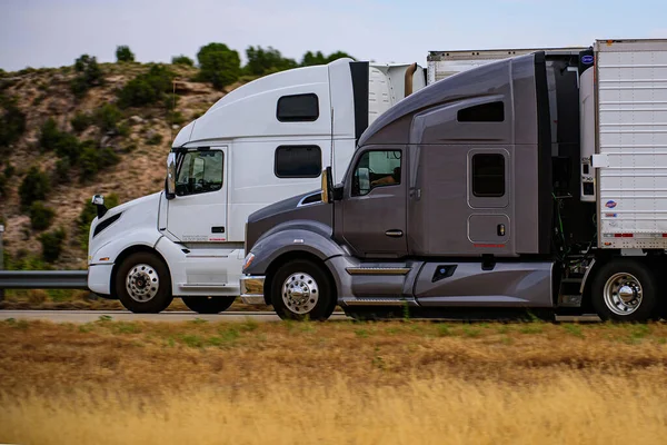 Arizona, VS - mei 2020: Witte en grijze vrachtwagens op de weg. Levering van goederen en ladingen. Bedrijven tussen steden en landen. — Stockfoto