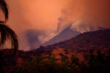 Kaliforniya Vahşi Ateşi. Şehrin Yakınındaki Los Angeles Yangını. Amerika 'da yangınlar. Kaliforniya dağlarında duman ve ateş. Olağanüstü hal. Havaya dumanlar yükseliyor..