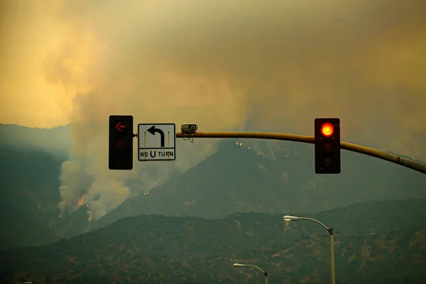 Fires in California. Red traffic light. Ecological problems. Fires in the forests of California.