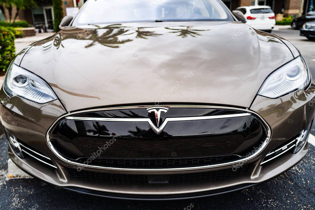 Miami, Florida, USA - JUNE 2020: Tesla. Electric Cars Solar and Clean Energy