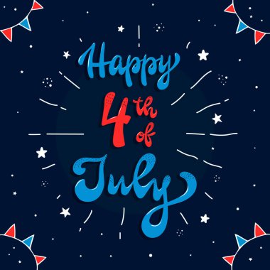 Mavi arka planda yıldızlar ve bayraklarla süslenmiş 4 Temmuz 'un kutlu olsun. Posterler, afişler, baskılar, kartlar vs. için iyi.