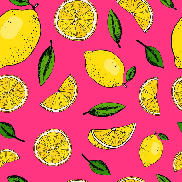 レモンと葉をピンクの背景にしたシームレスなパターン — ストック写真
